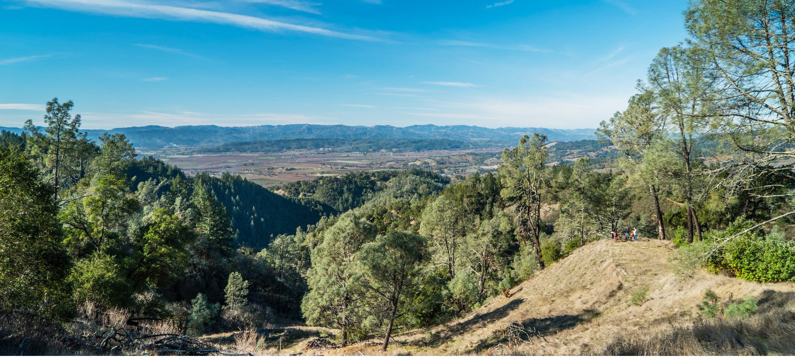 Aerial view of rolling hills and blue sky in Sonoma County.