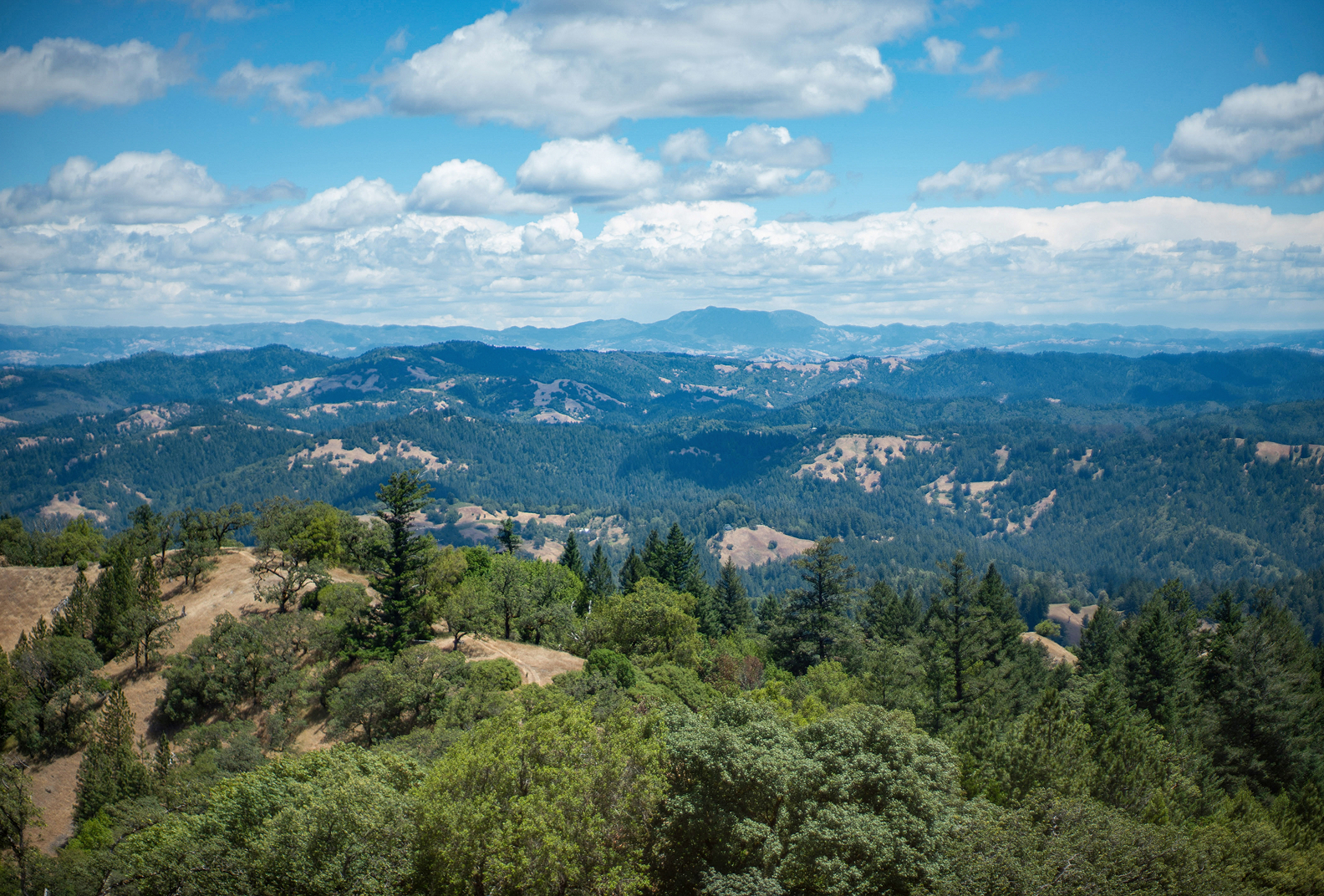 Blue sky doted with clouds above a stunning aerial view of Pole Mountain.