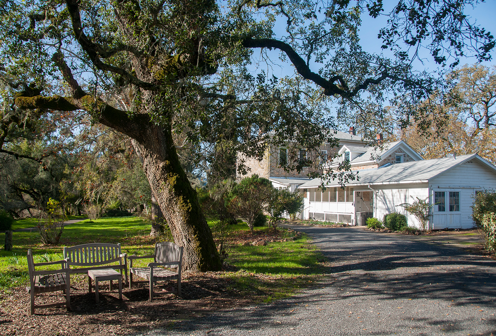 A group of benches next to buildings at Glen Oaks Ranch.