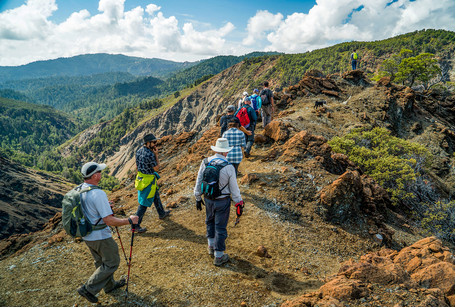 A group of hikers atop a hill at the Cedars Gateway.