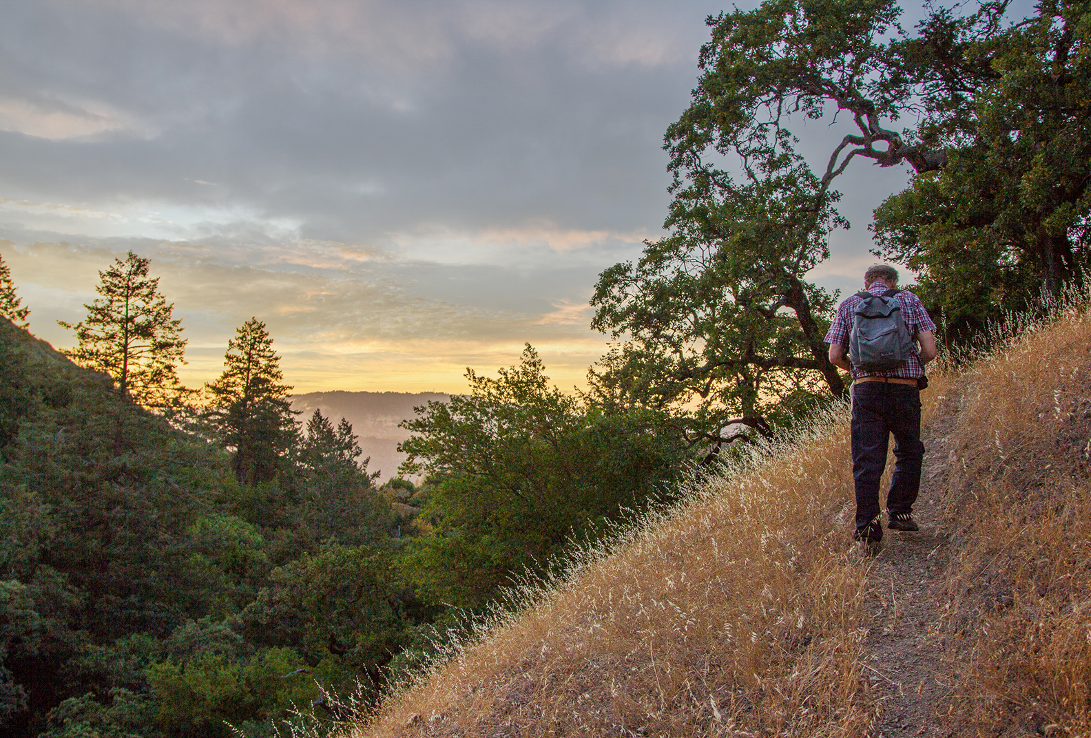 A hiker walking up a grassland trail a sunset at Little Black Mountain.