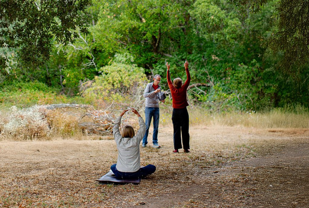 A group of 3 people participating in an outdoor yoga class.