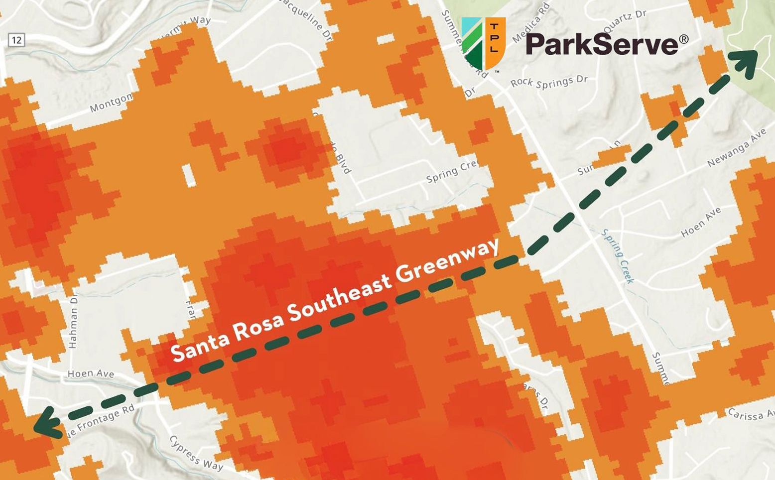 Thermal map showing where heat islands exist along the Santa Rosa Southeast Greenway.