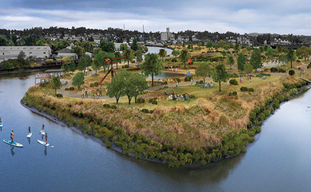 Rendering of Petaluma River Community Park with people walking on the trails and paddle boarding on the water