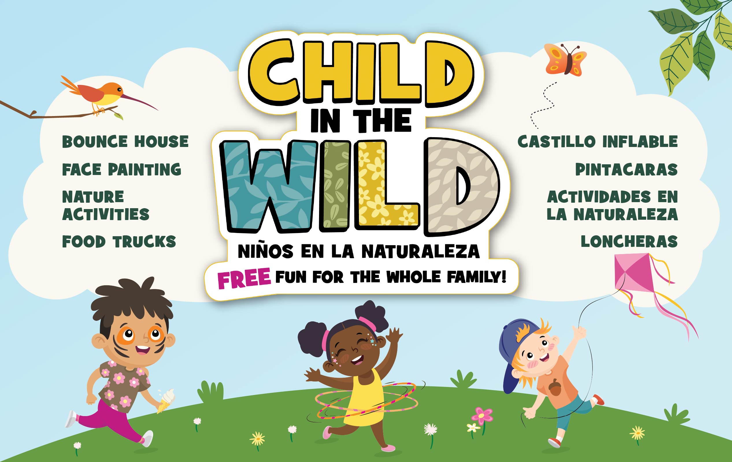 Child in the Wild event logo and illustrations of children with copy that reads bounce house, face painting, nature activities, food trucks and free fun for the whole family.