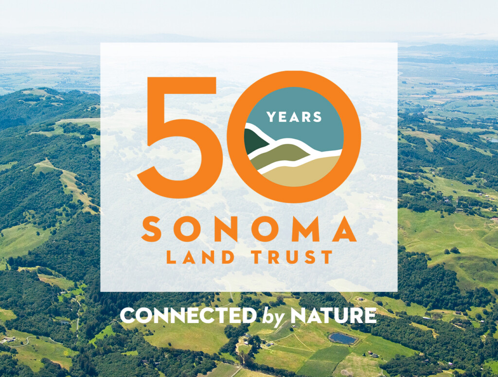 50th Anniversary logo with tagline Connected By Nature over aerial view of rolling hills.