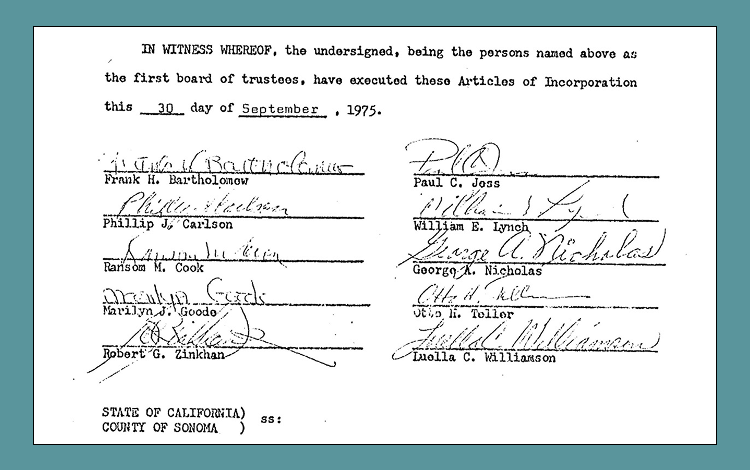 Signatures on Sonoma Land Trust's articles of incorporation.