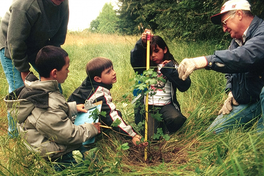 Children plant a tree with help from two adults.