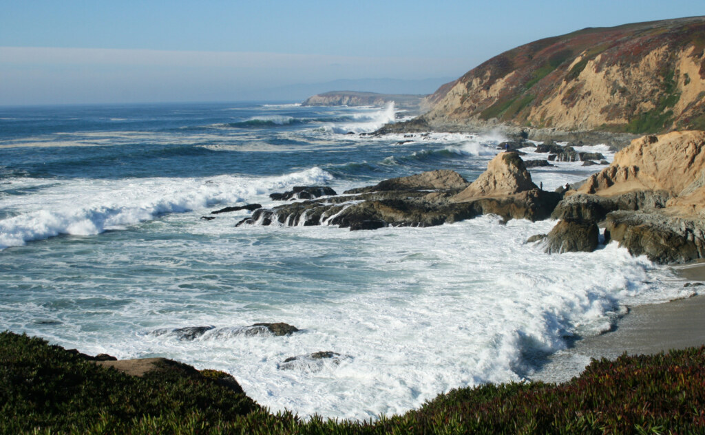 Waves and cliffs on the Bodega coastline in Sonoma County.